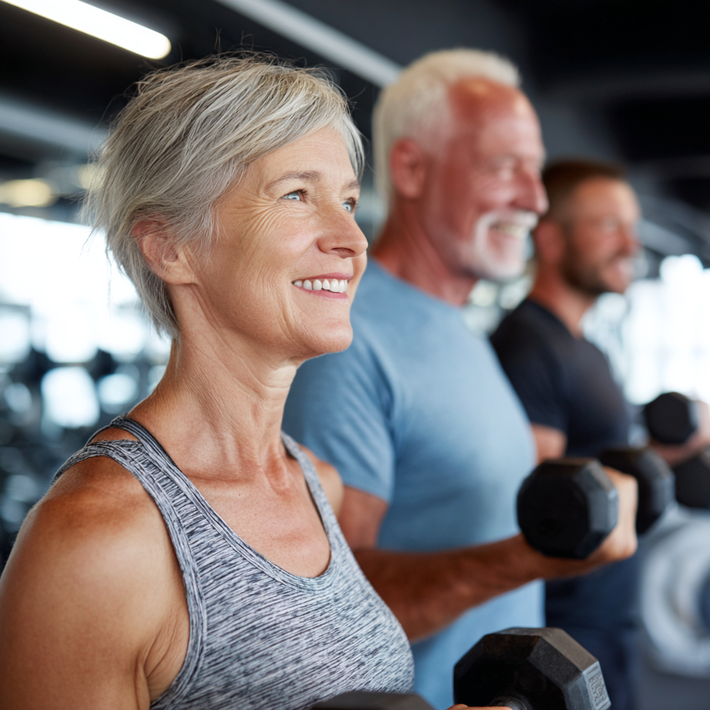 Mature adults engaged in strength training session at modern fitness facility